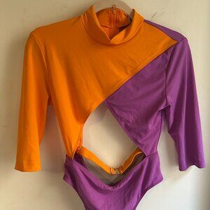 ICONSWIM XL Colorblock Cutout One Piece Swimsuit Long Sleeve High Neck Orange Pu